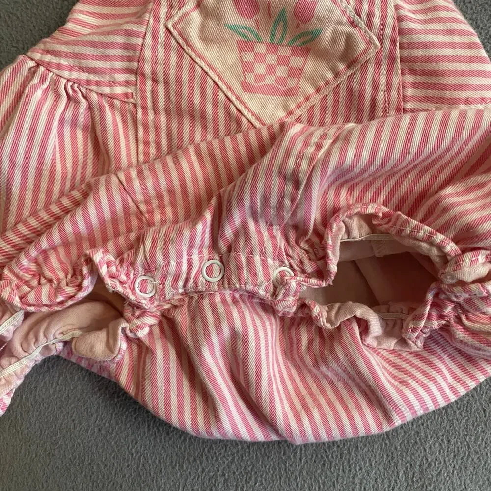 Vtg 80s 90s Offspring Playsuit Jumper Romper Girls 24M Pink Stripe Tulips Cotton
